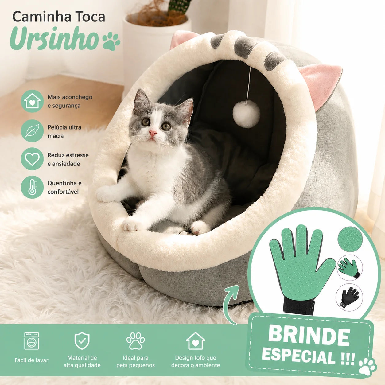 Cama Toca Ursinho para Gatos em Pelúcia + BRINDE: Luva Removedora de Pelos