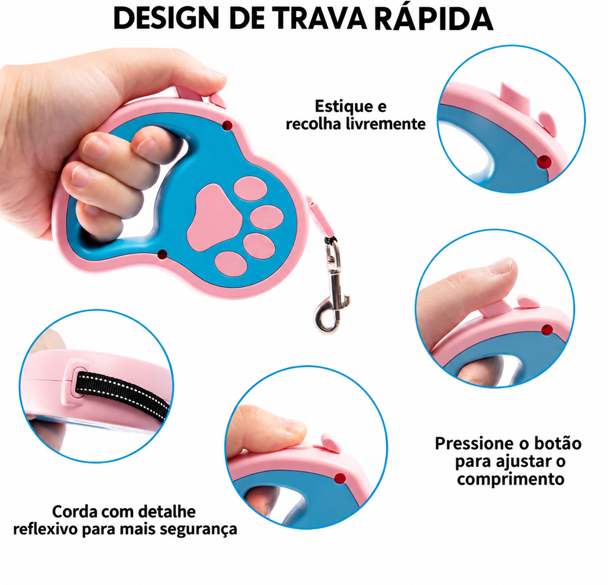 Guia Retrátil para Cachorro 3-5m com Trava de Segurança – Linha Premium para Passeios