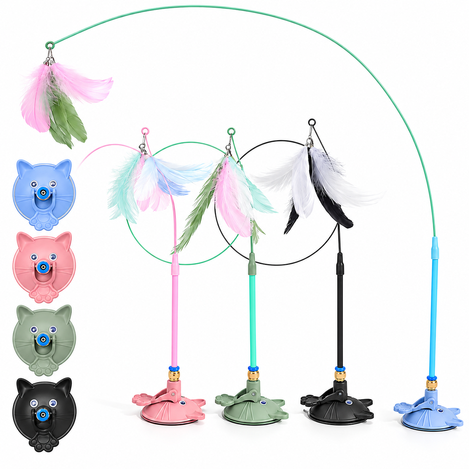 Brinquedo Interativo para Gatos com Varinha de Penas, Ventosa e Haste Destacável – Estímulo, Exercício e Diversão para Felinos