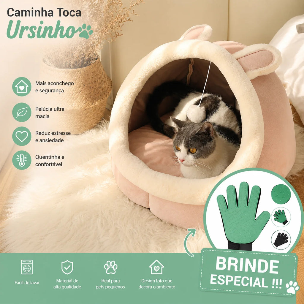 Cama Toca Ursinho para Gatos em Pelúcia + BRINDE: Luva Removedora de Pelos