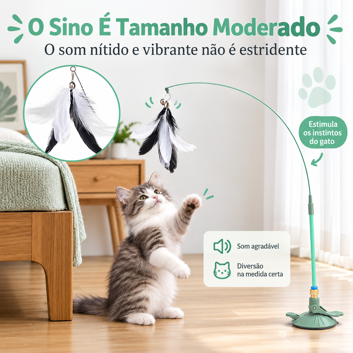 Brinquedo Interativo para Gatos com Varinha de Penas, Ventosa e Haste Destacável – Estímulo, Exercício e Diversão para Felinos