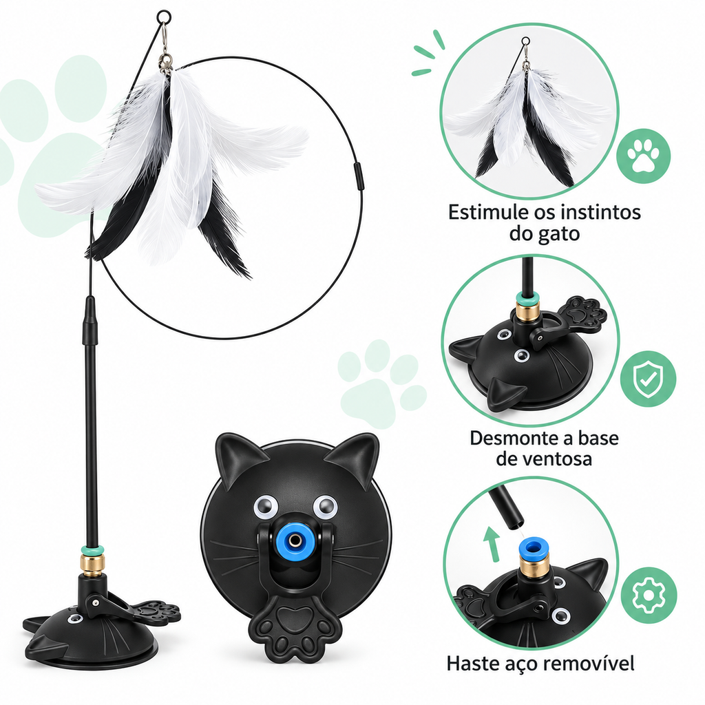 Brinquedo Interativo para Gatos com Varinha de Penas, Ventosa e Haste Destacável – Estímulo, Exercício e Diversão para Felinos