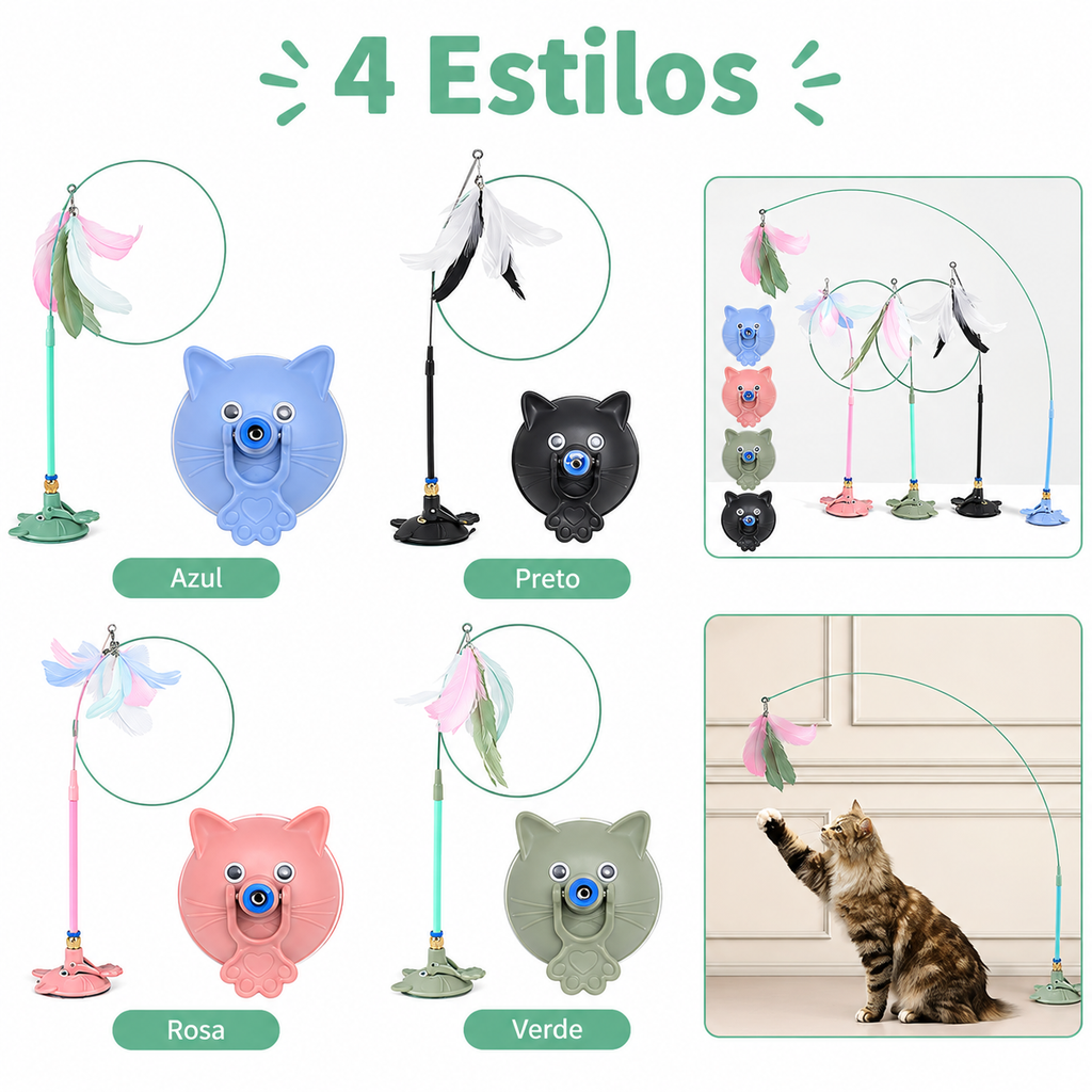 Brinquedo Interativo para Gatos com Varinha de Penas, Ventosa e Haste Destacável – Estímulo, Exercício e Diversão para Felinos