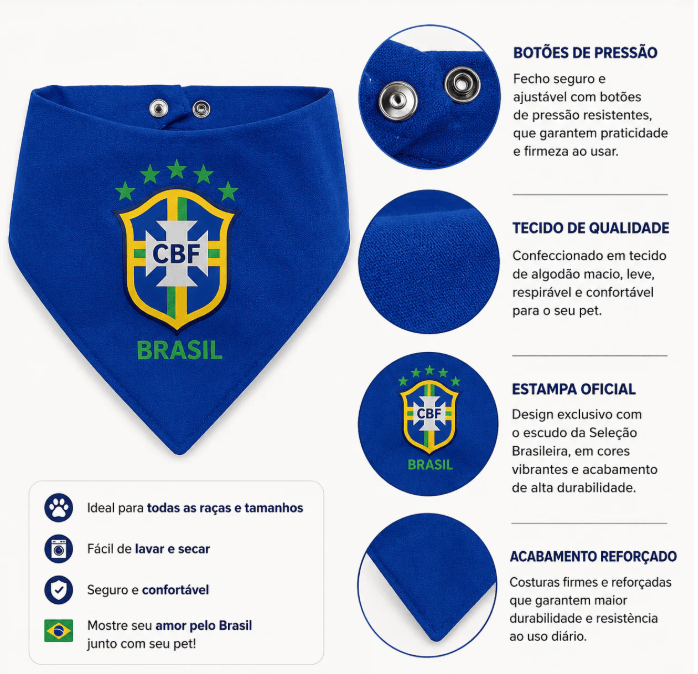 Bandana Premium Brasil Copa do Mundo - TorcidaPet™ Ajustável para Cães e Gatos