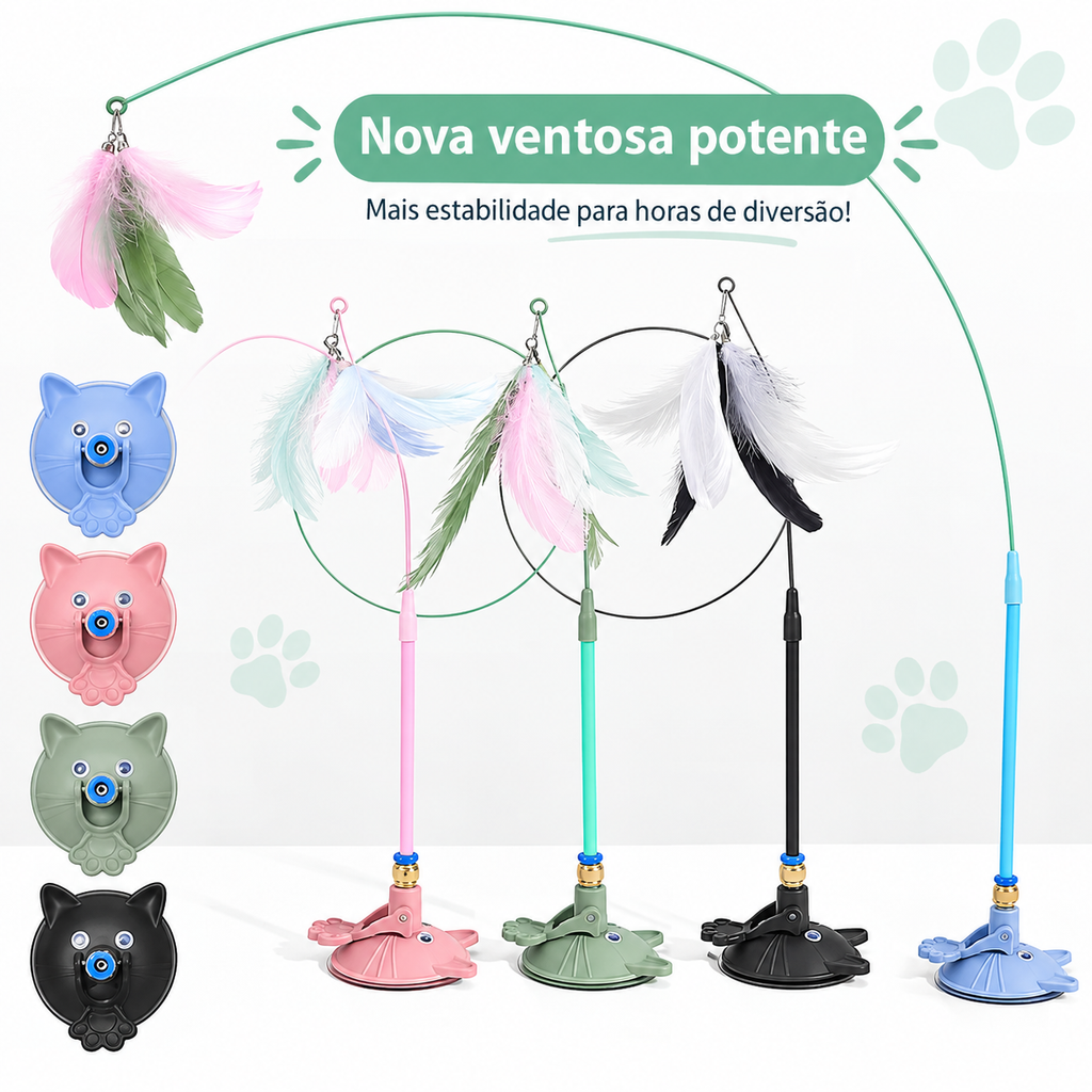 Brinquedo Interativo para Gatos com Varinha de Penas, Ventosa e Haste Destacável – Estímulo, Exercício e Diversão para Felinos