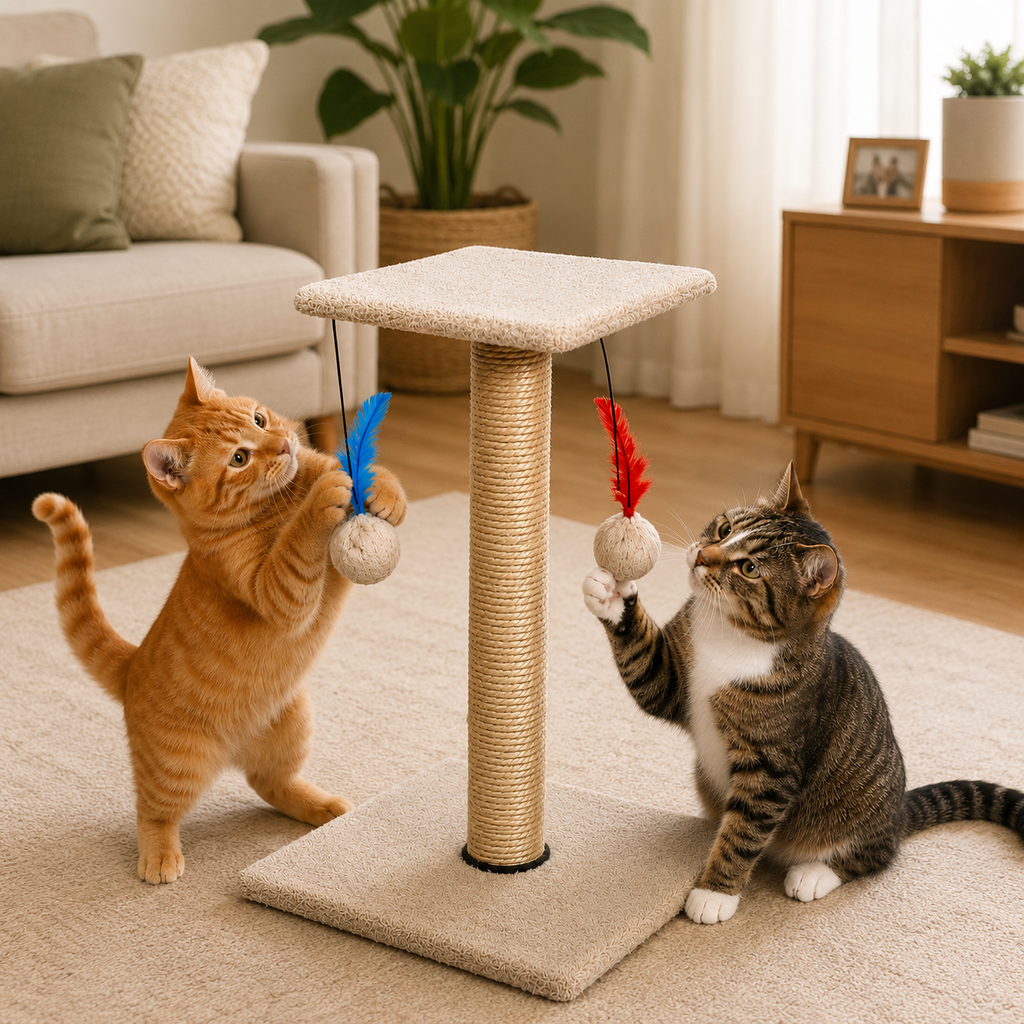 Arranhador Para Gatos Com Poste De Sisal Base Dupla Brinquedo Bolinha E Pena