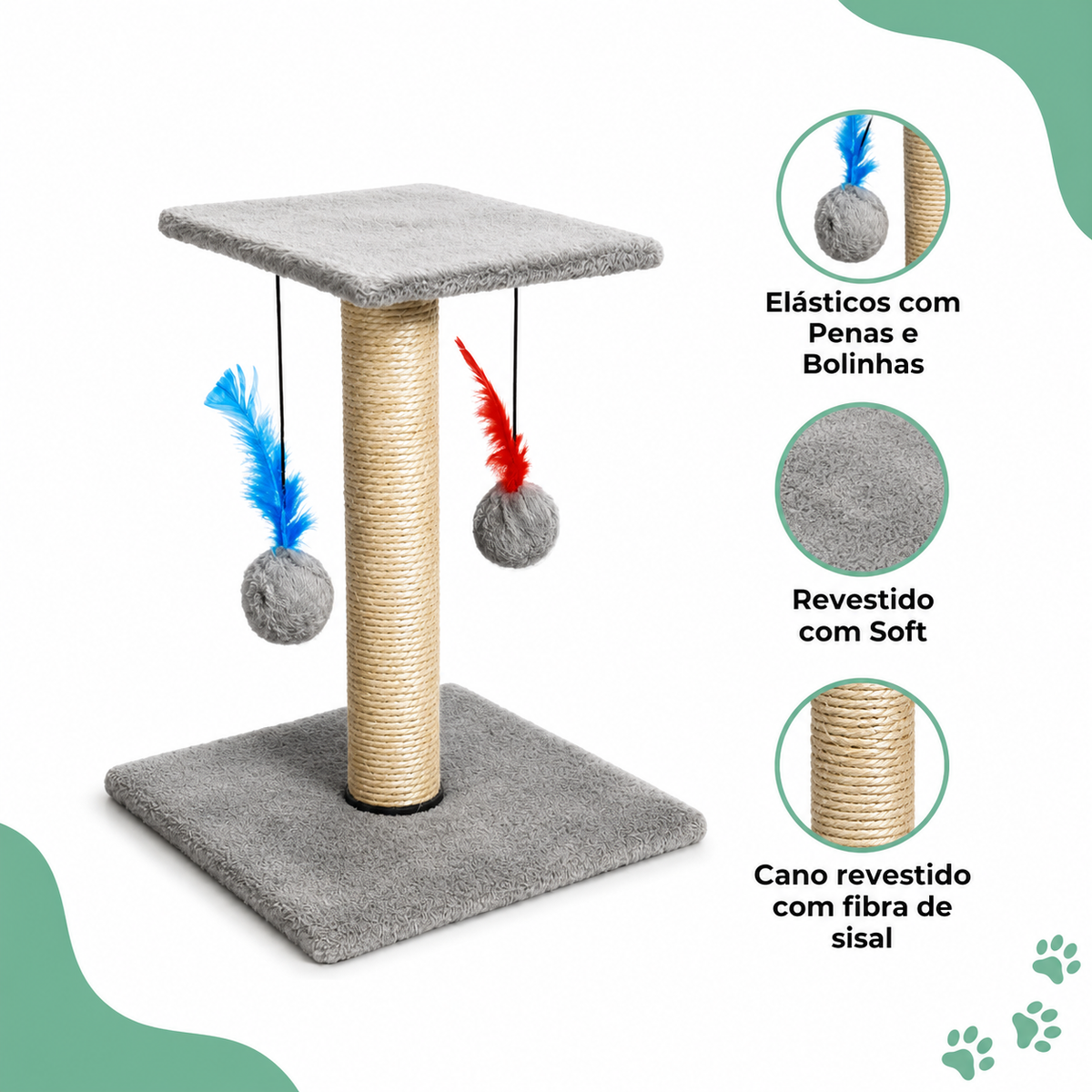 Arranhador Para Gatos Com Poste De Sisal Base Dupla Brinquedo Bolinha E Pena