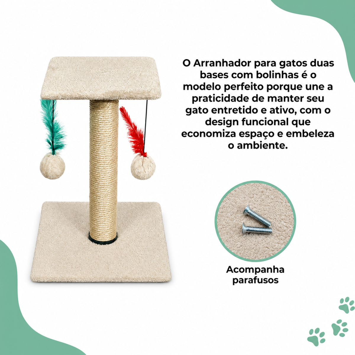 Arranhador Para Gatos Com Poste De Sisal Base Dupla Brinquedo Bolinha E Pena